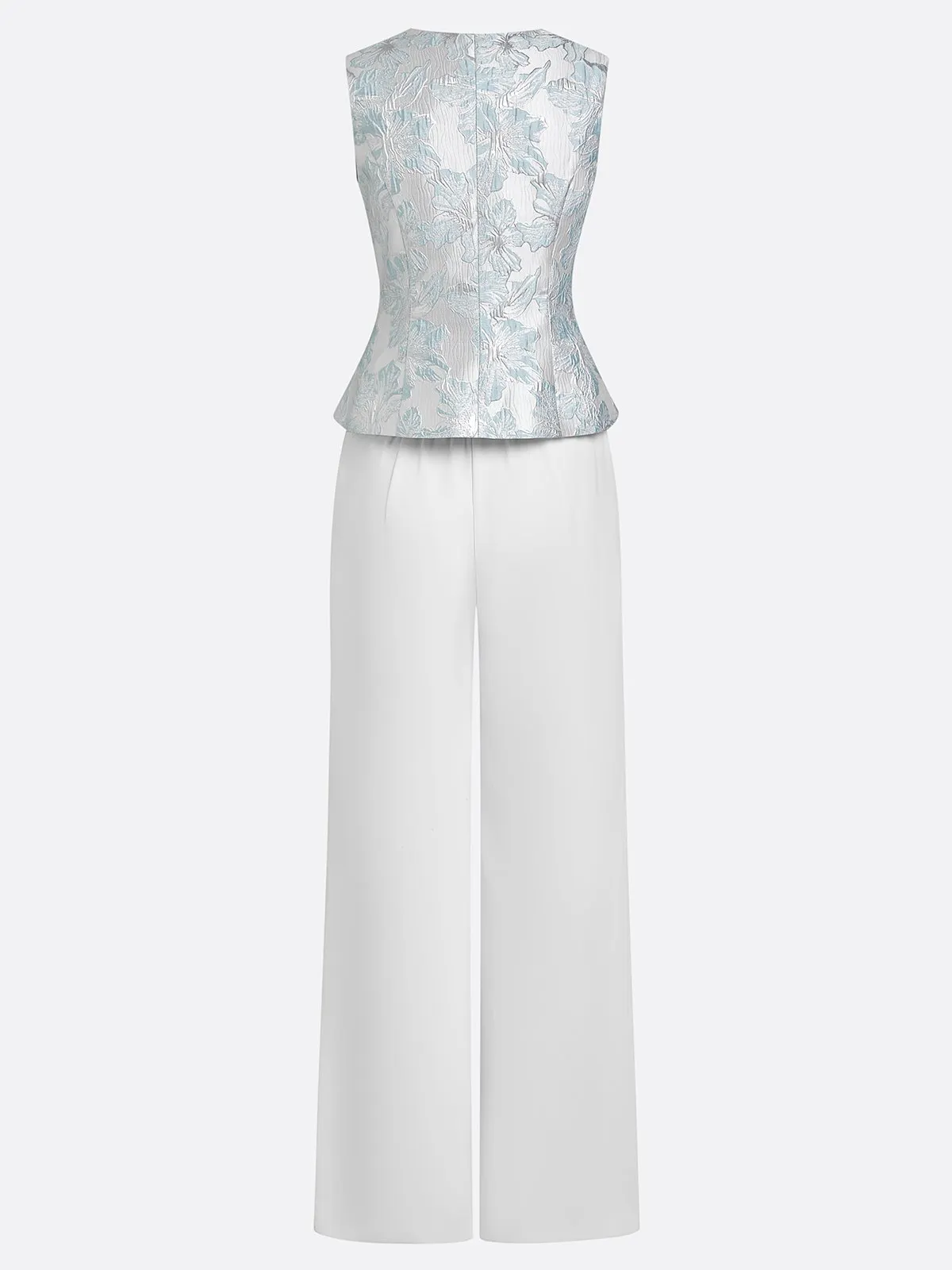 Women White Jacquard Floral Buckle Crew Neck Sleeveless Dressy Top With Pants Two-Piece Set