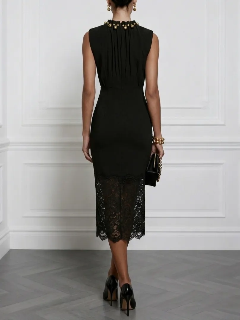 Black Faux Pearl Lace Classic Crew Neck Sleeveless Sheath Midi Dress