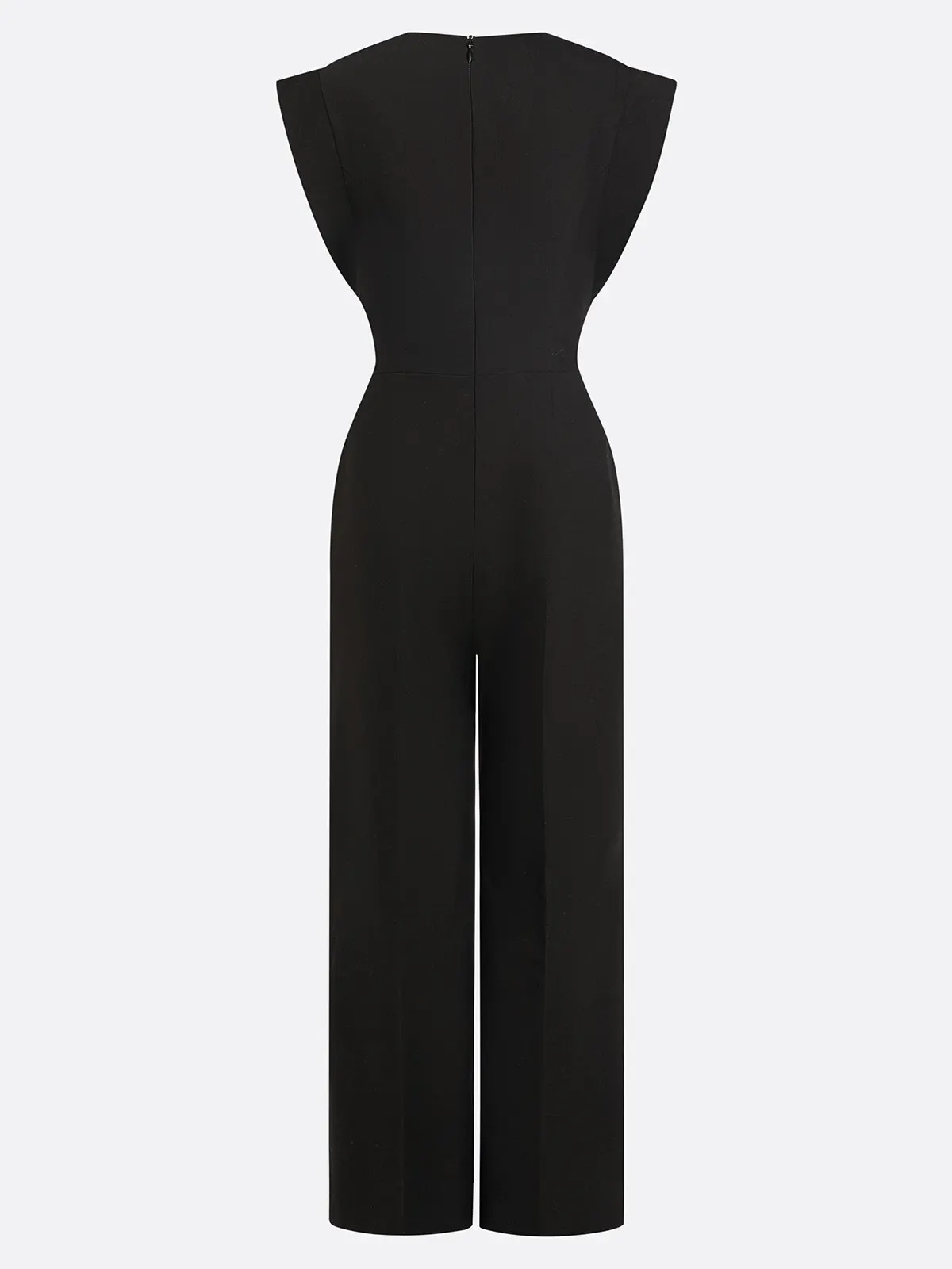 Women Black Buckle Hollow Out Crew Neck Cap Sleeve Dressy Jumpsuit