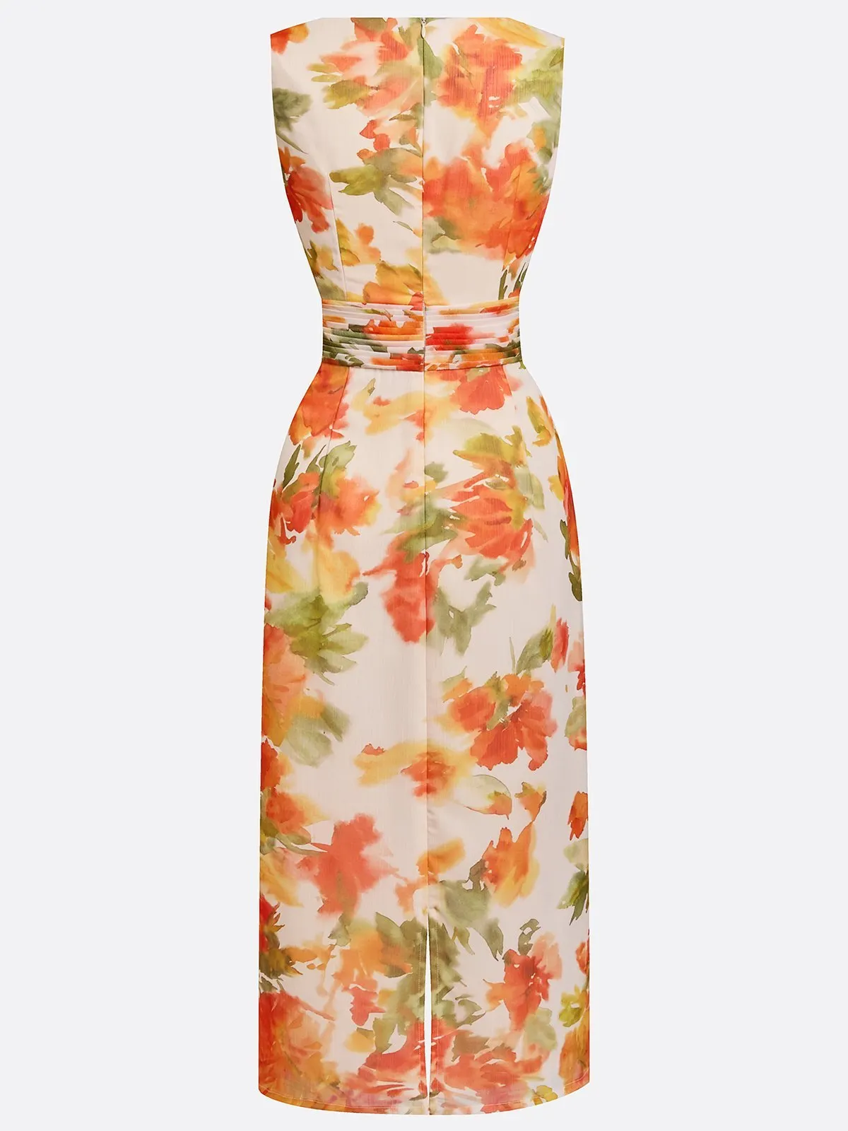 Orange Floral Chiffon V Neck Sleeveless Sheath Midi Dress