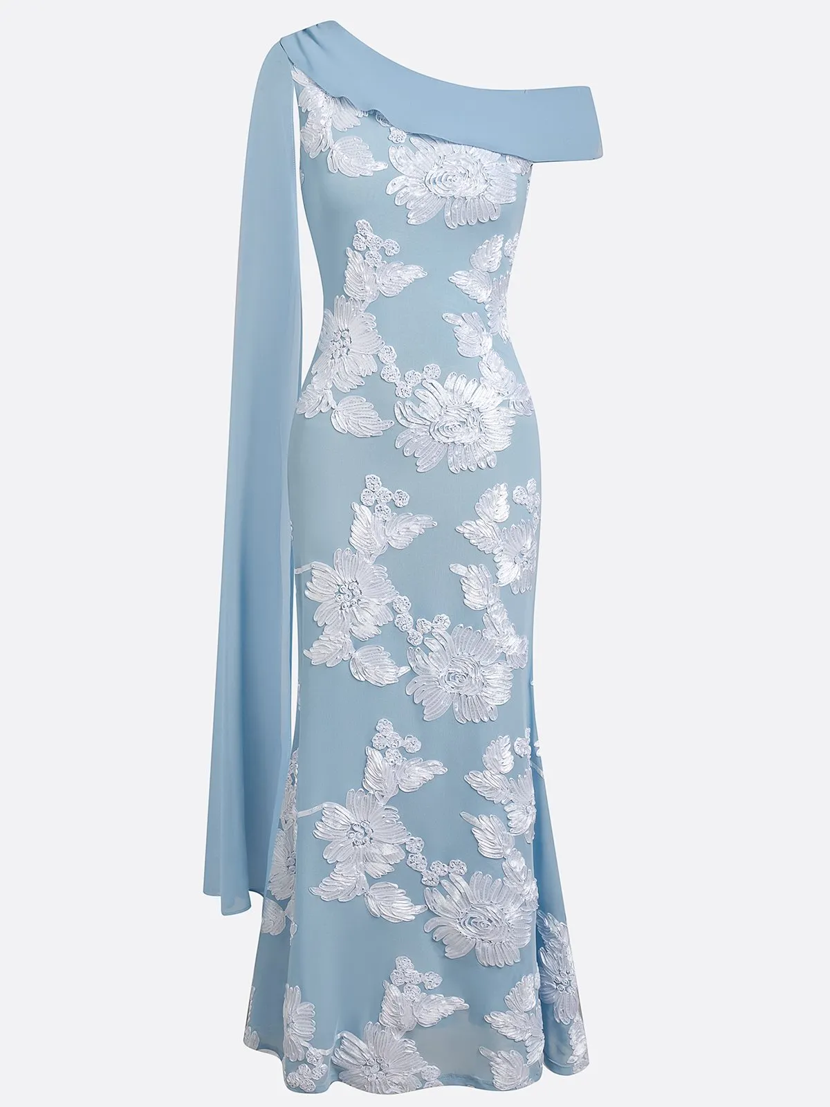 Light Blue One-Shoulder Cape Maxi Dress - Jacquard Mother of the Bride Gown