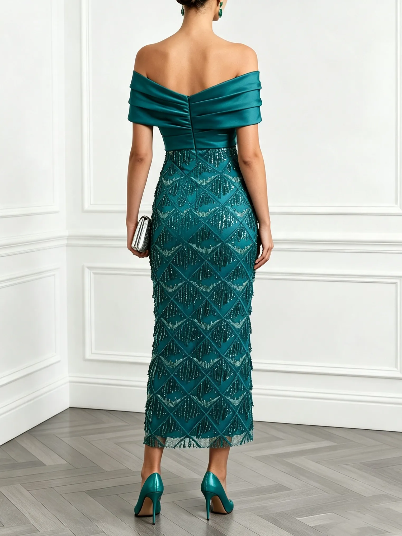 Cyan Tassel Cross Sequin Off The Shoulder Short Sleeve Sheath Midi Dress - Cyan