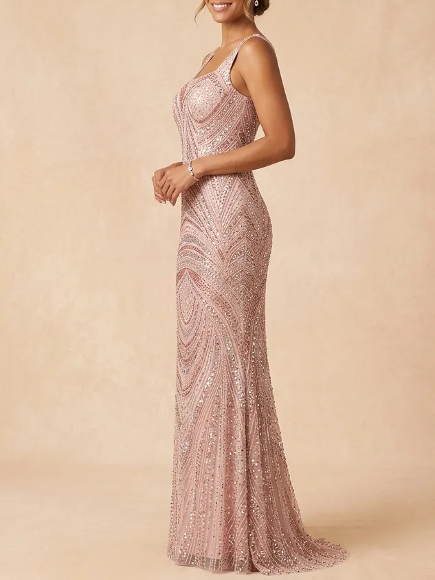 Sequin Mother of the Bride Dress - Rose Gold Geometric Beaded Maxi Gown