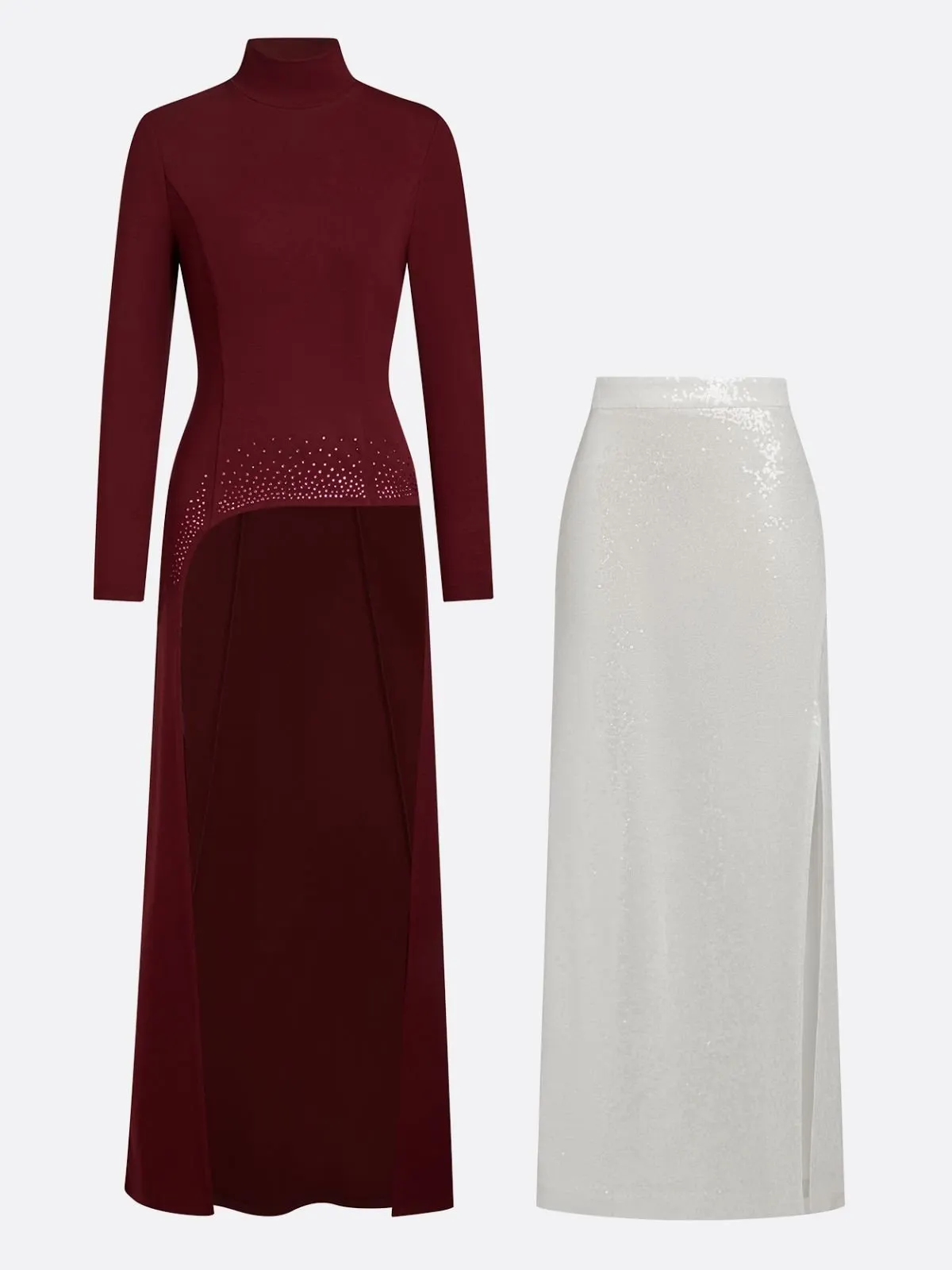 Women Burgundy Hot Drilling Sequin Mock Neck Long Sleeve Gown Dressy Top With Skirt Two-Piece Set