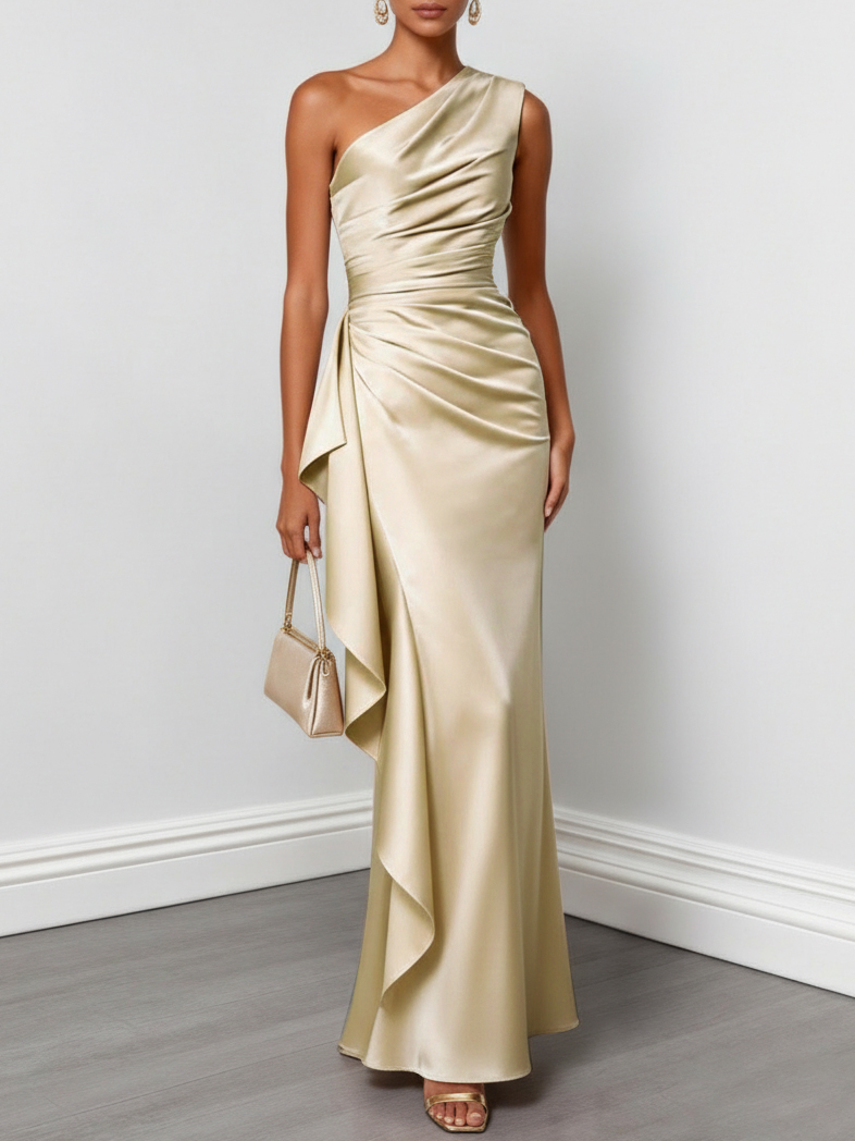 Champagne Ruffled Ruched Satin One Shoulder Sleeveless Sheath Floor-length Gown Dress - Champagne