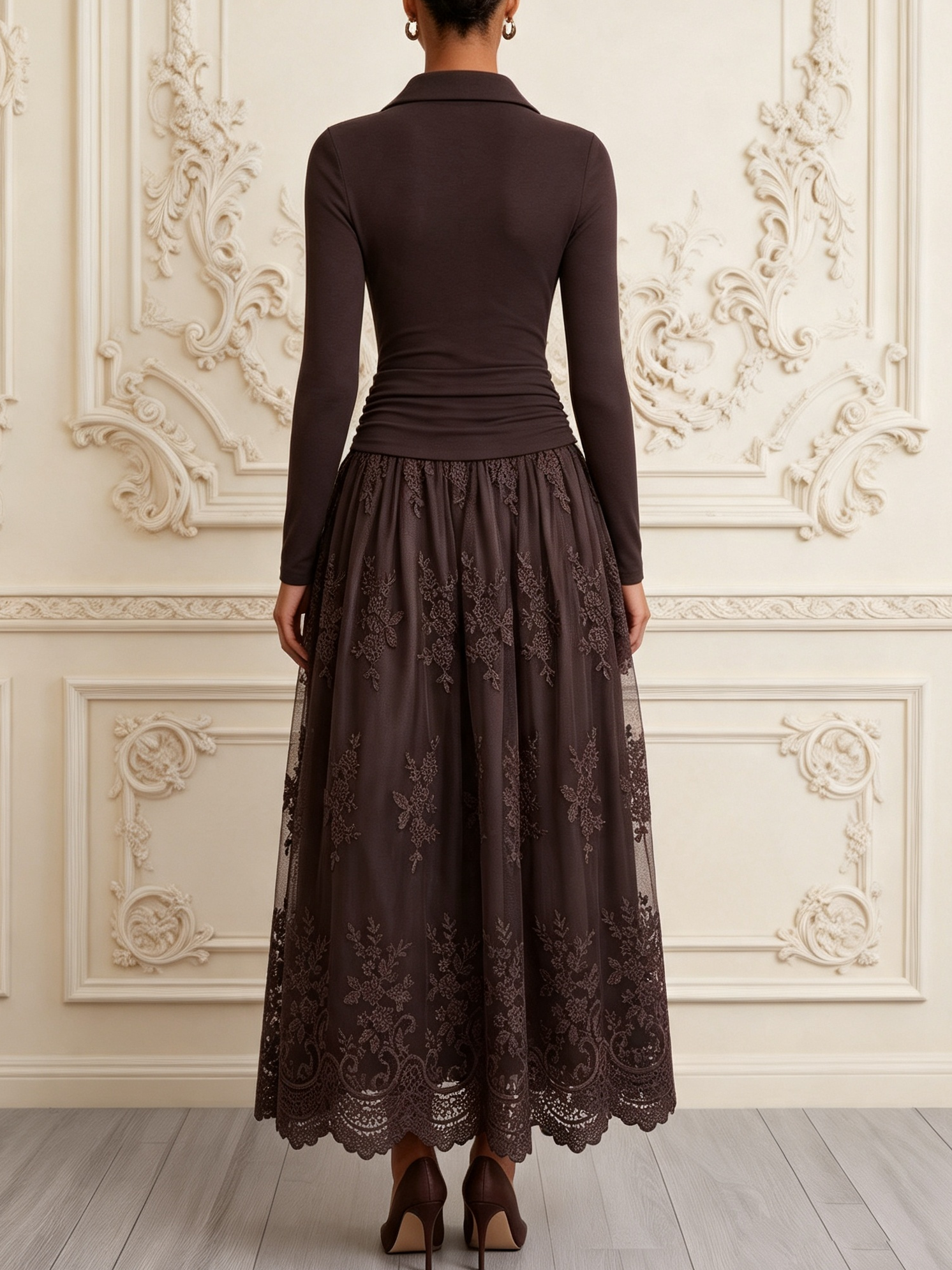 Brown Lace Knit Shirt Collar Long Sleeve A-Line Maxi Dress - CAMEO BROWN