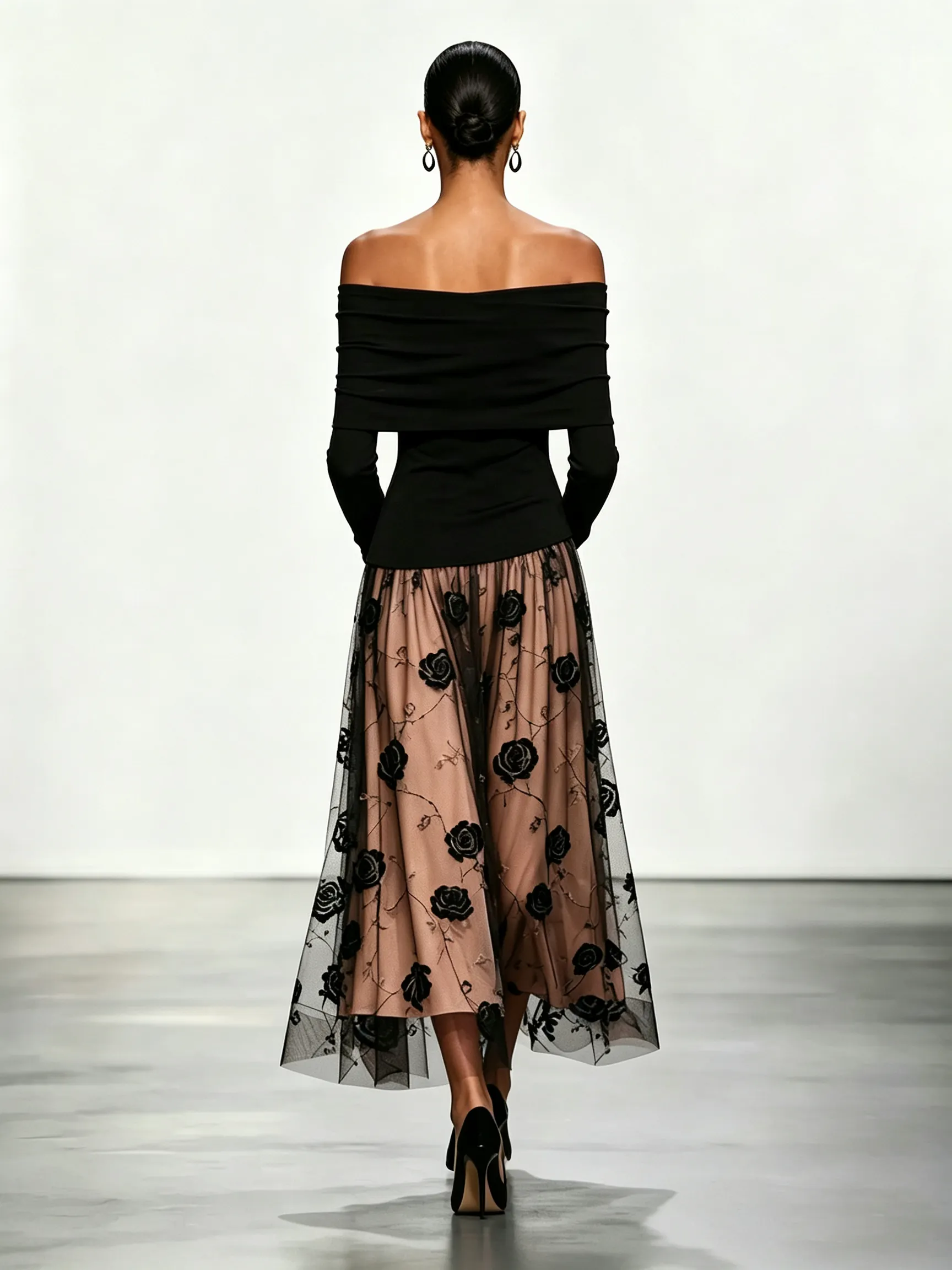 Black Knit Off The Shoulder Long Sleeve A-Line Maxi Dress