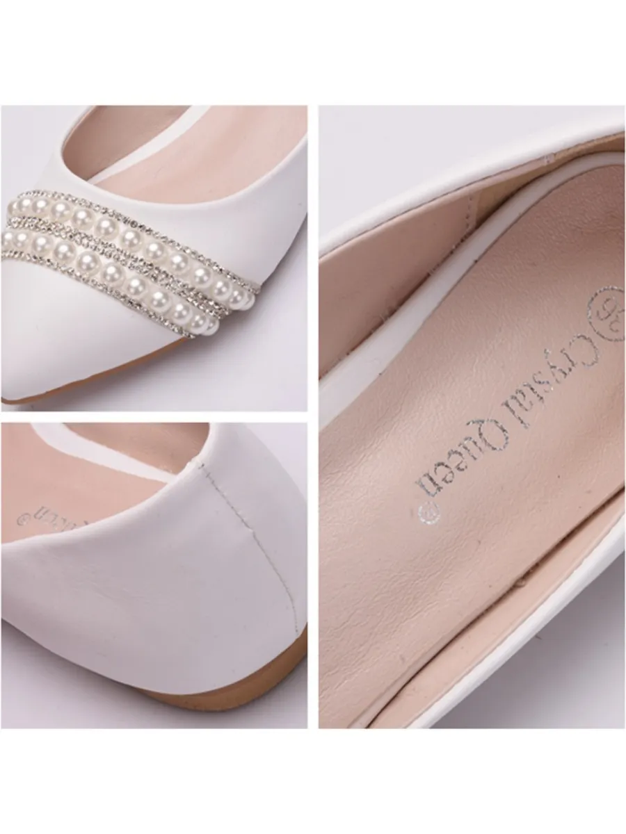 Simple Pu Plain Shallow Comfortable Flat Bridal Shoes Wedding Dress Tassels Pearls Rhinestones Evening Shoes White Women's Shoes