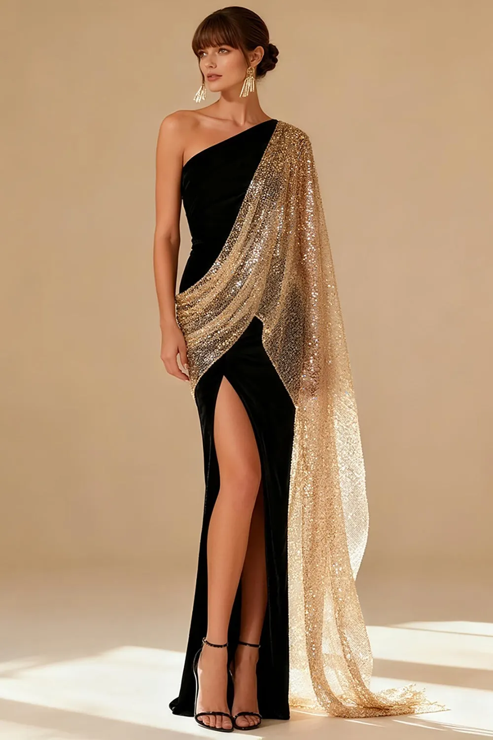 Sparkly Black Mermaid One Shoulder Maxi Formal Dress with Slit