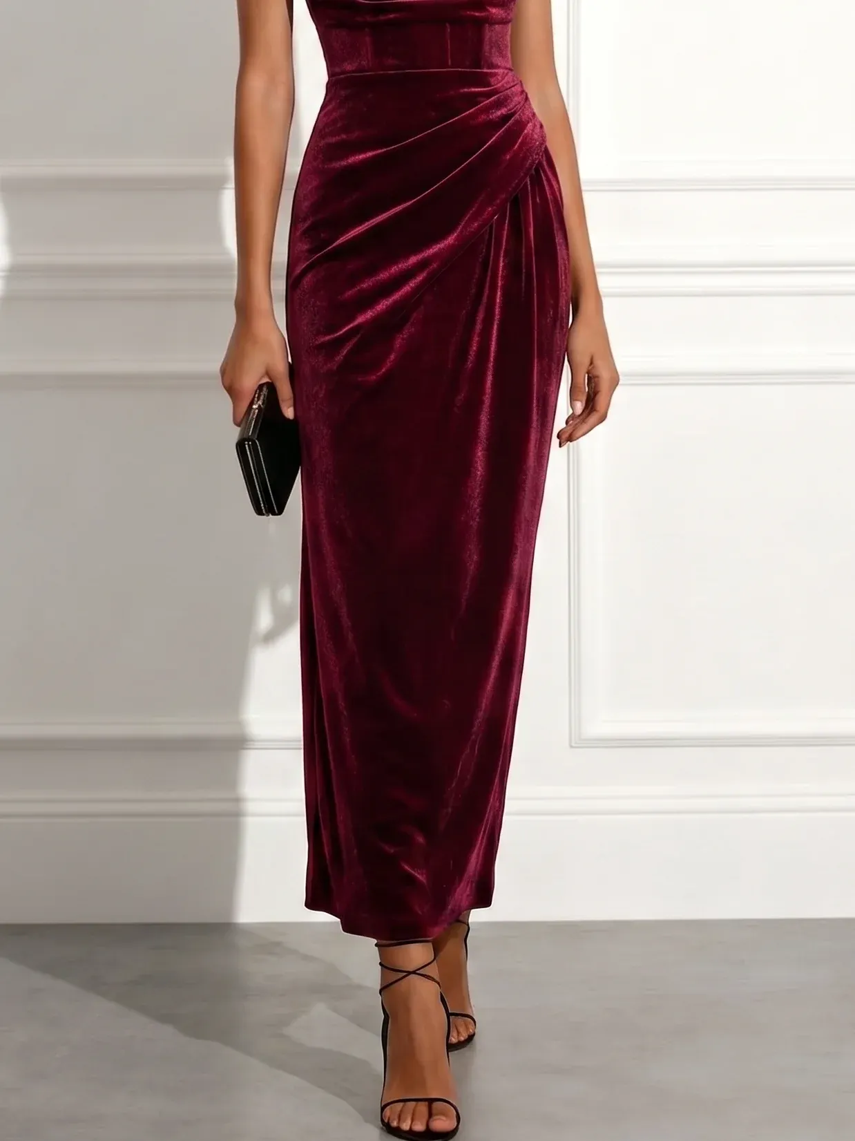 Wine Red Ruched Glitter Velvet Strapless Long Sleeve Sheath Maxi Dress