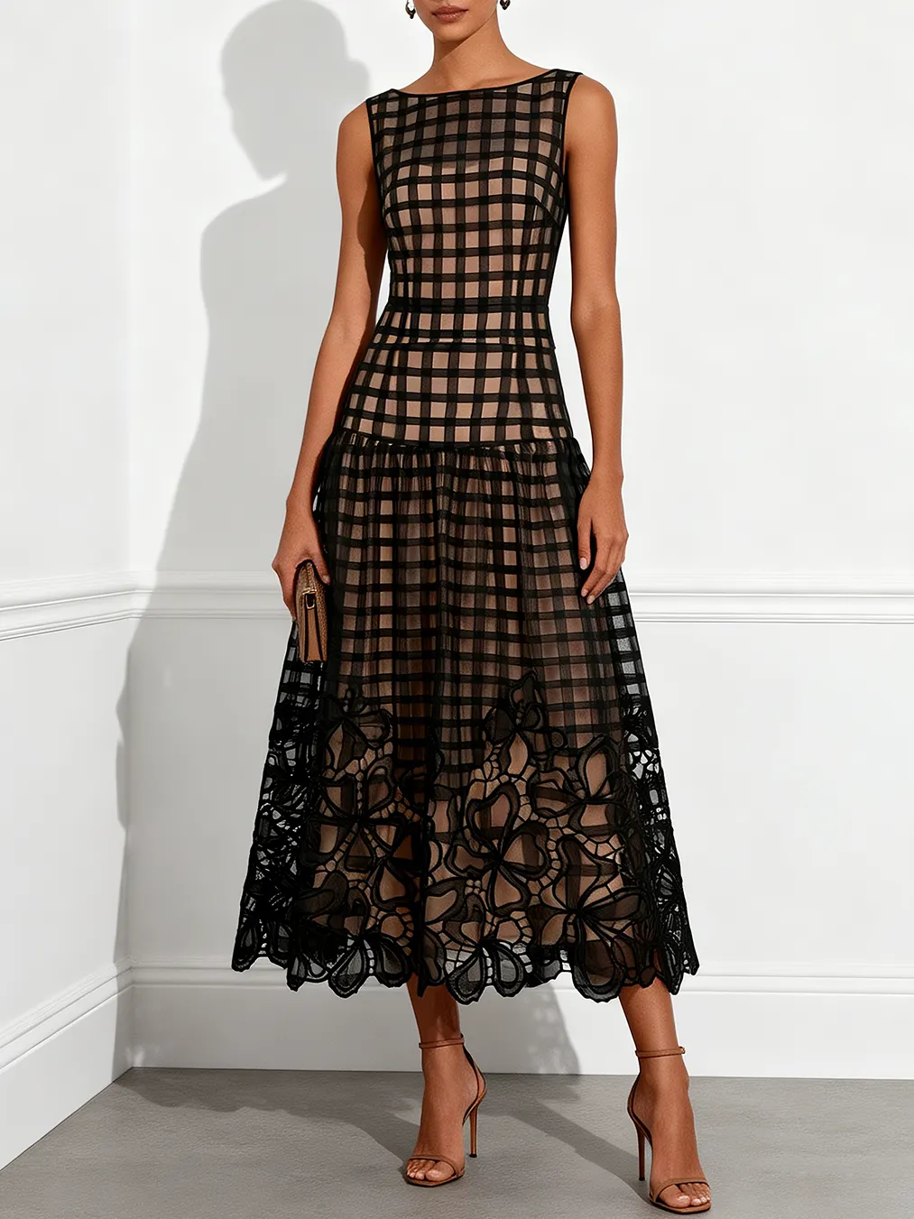 Black Floral Plaid Classic Boat Neck Sleeveless A-Line Midi Dress - Black