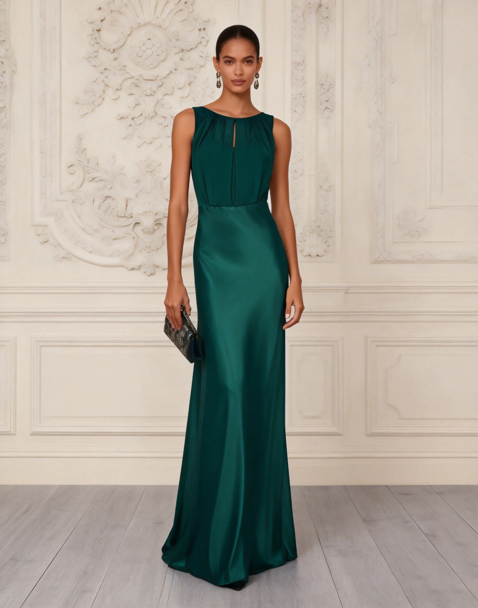 Deep Green Satin Crew Neck Sleeveless Mermaid Gown Dress
