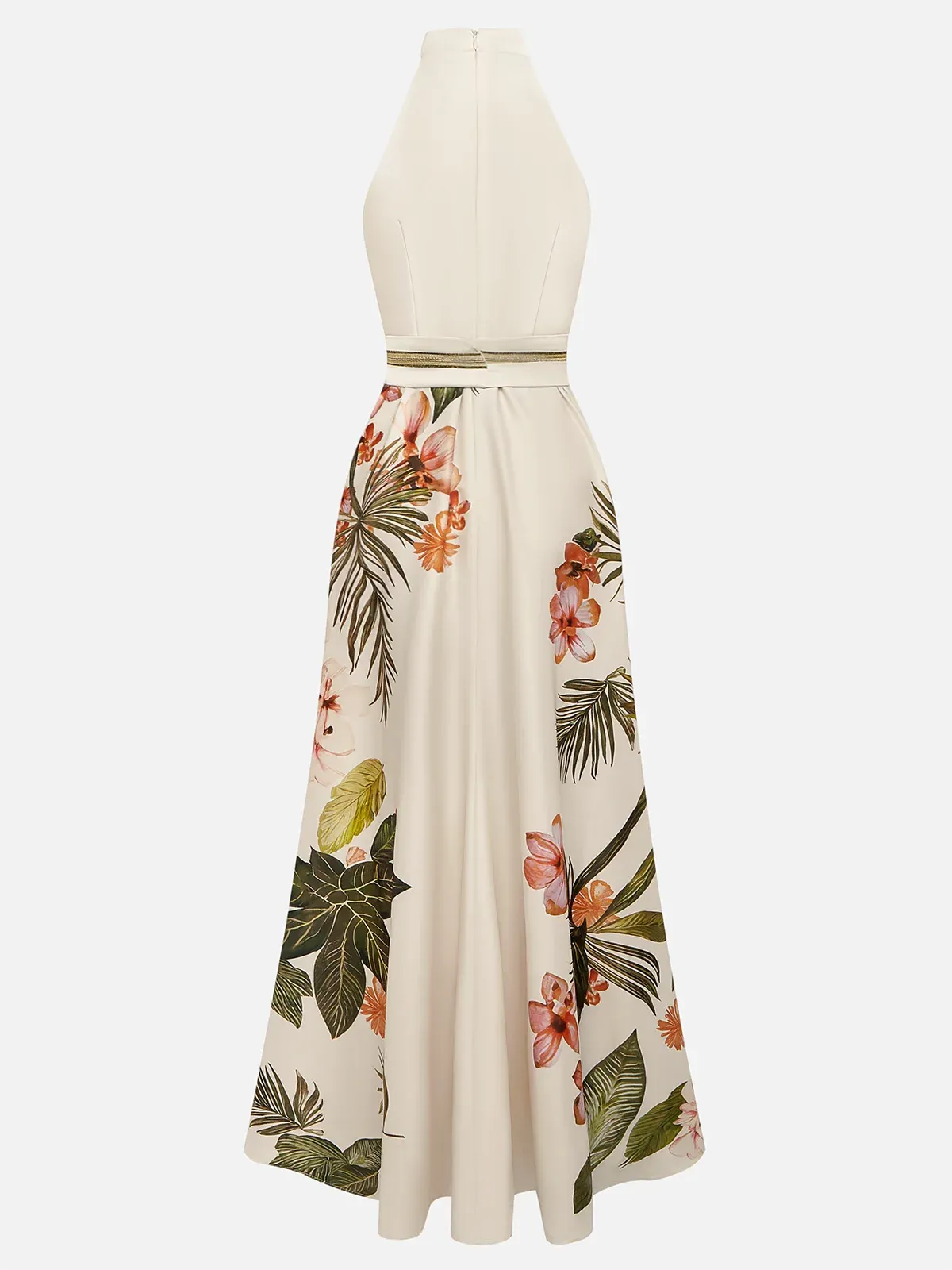 Beige Floral Bow Satin Halter Neck Sleeveless A-Line Gown Dress