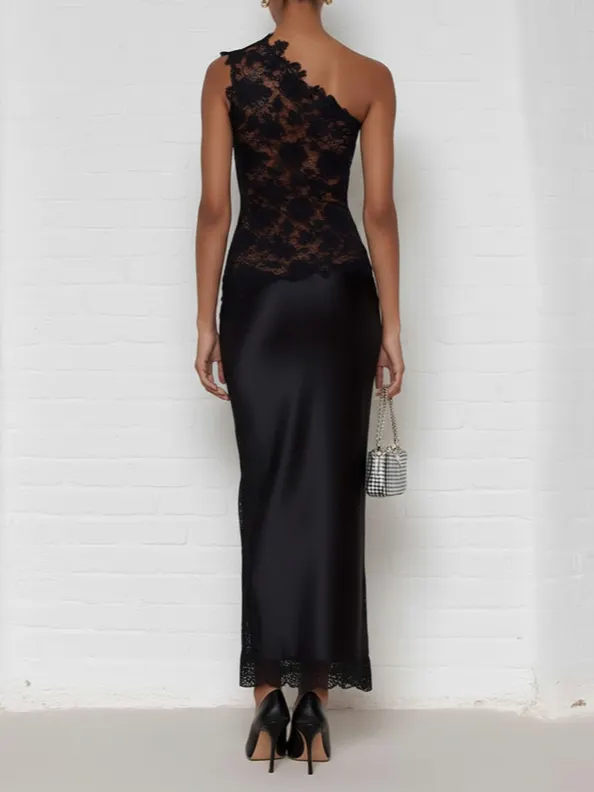 Black Lace One Shoulder Sleeveless Sheath Maxi Dress