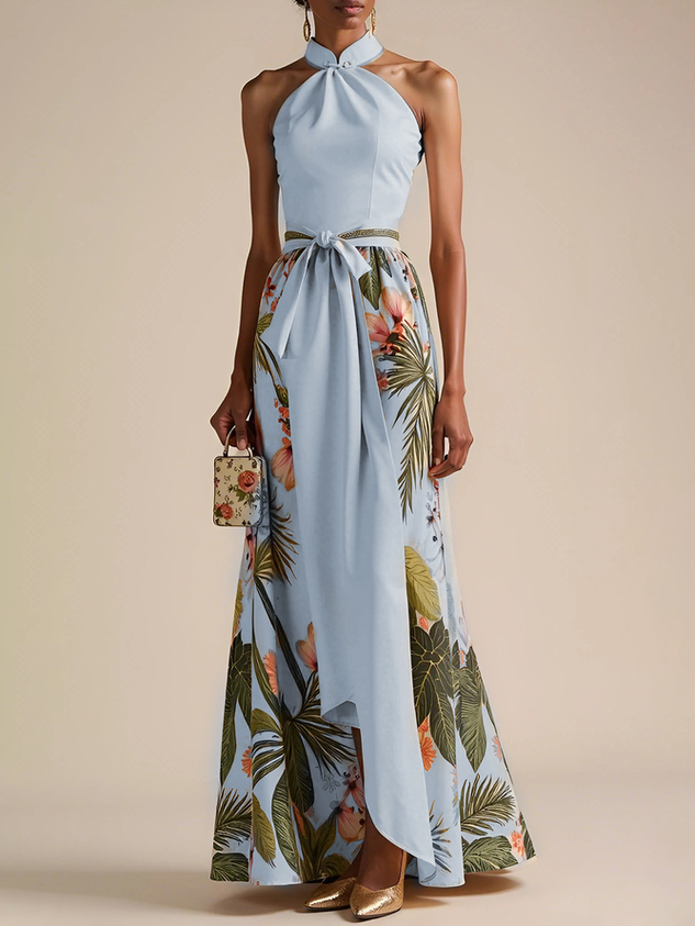 Beige Floral Bow Satin Halter Neck Sleeveless A-Line Gown Dress