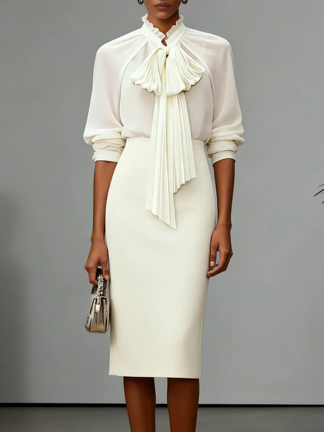 Women Beige Bow Pleated Tie Neck Elegant Top With Skirt Two-Piece Set