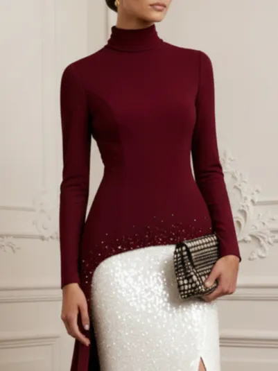 Women Burgundy Hot Drilling Sequin Mock Neck Long Sleeve Gown Dressy Top With Skirt Two-Piece Set