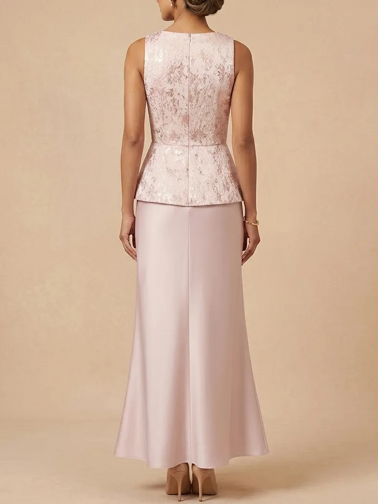 Elegant Peplum Satin Maxi Gown with Floral Appliqué – Sophisticated Mother of the Bride Dress - Pink