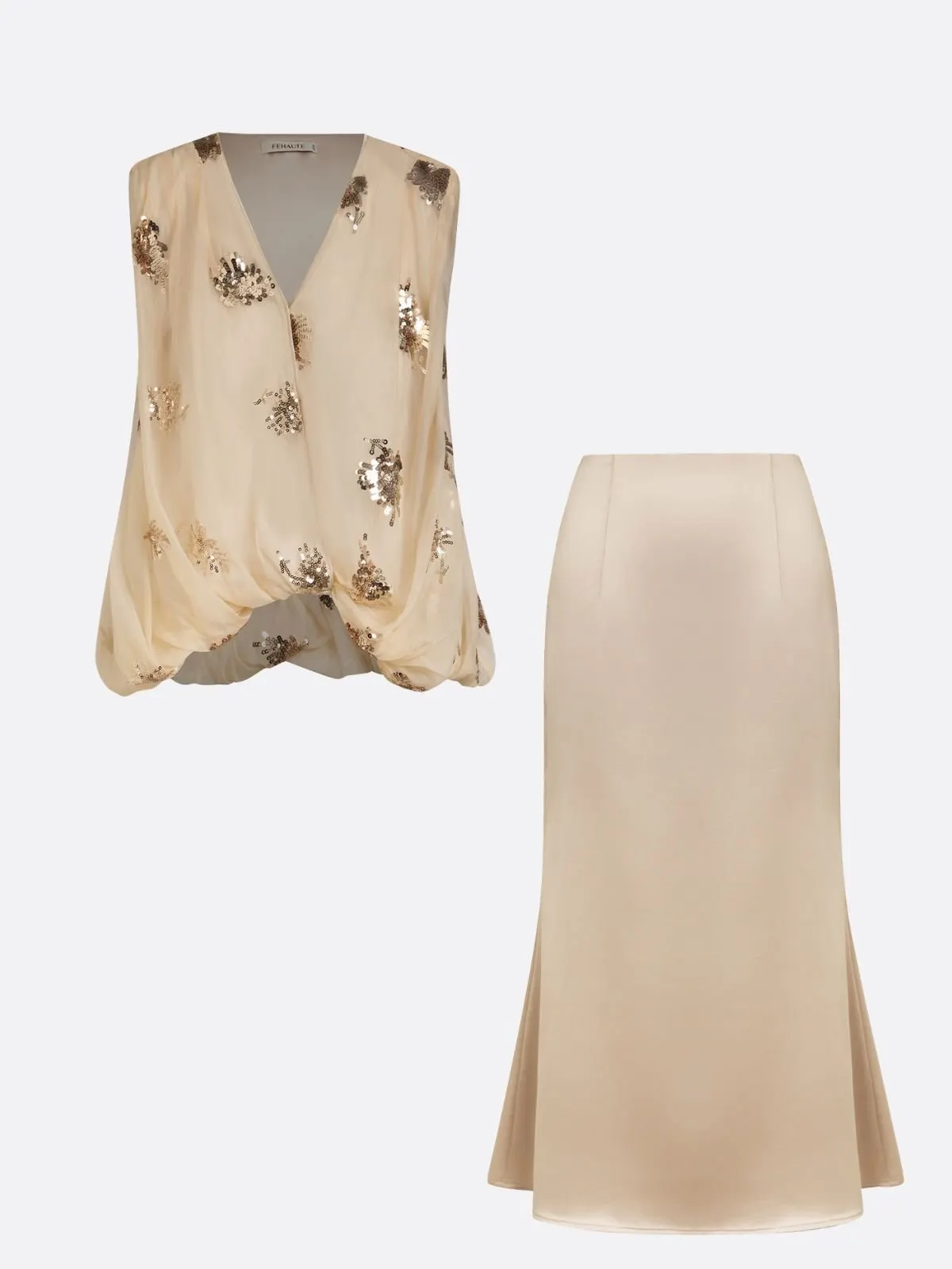 Women Champagne Glitter Sequin V Neck Sleeveless Dressy Top With Skirt Two-Piece Set