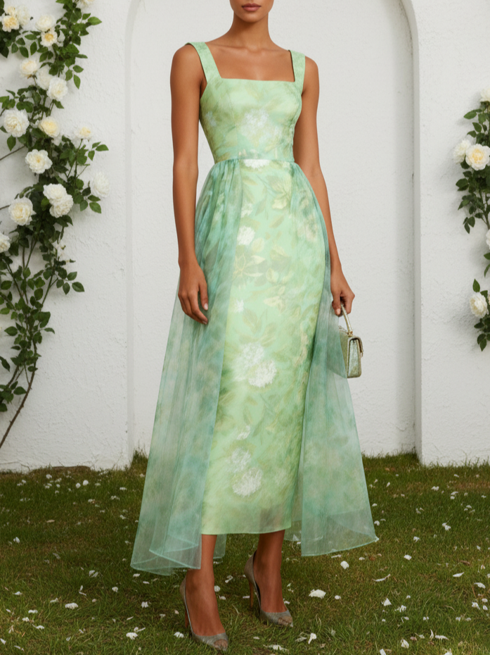 Light Green Floral Split Joint Satin Square Neck Sleeveless A-Line Maxi Dress - Lightgreen