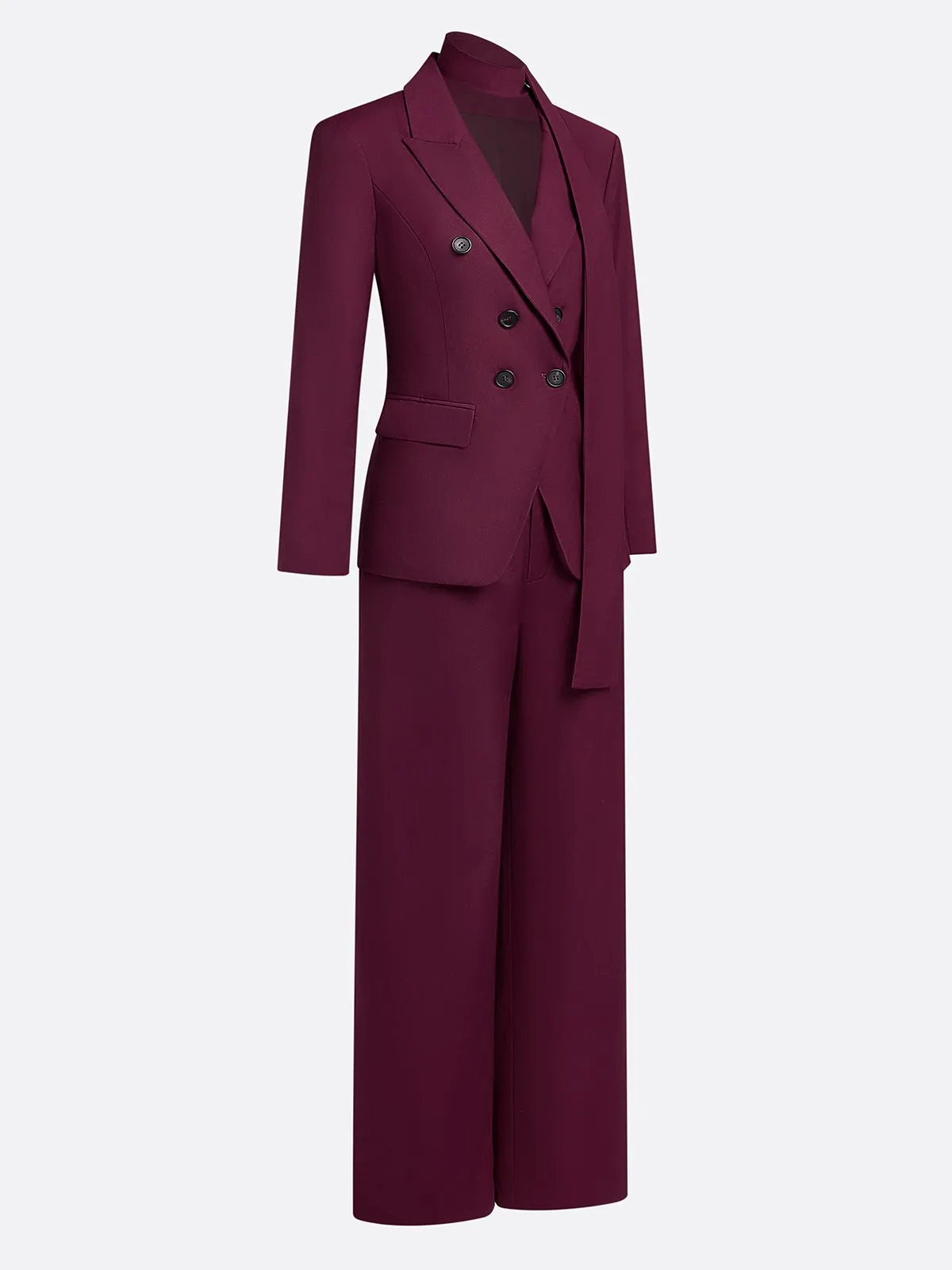 Women Wine Red Buckle Shoulder Pad Lapel Collar Long Sleeve Dressy Blazer With Pants Two-Piece Set