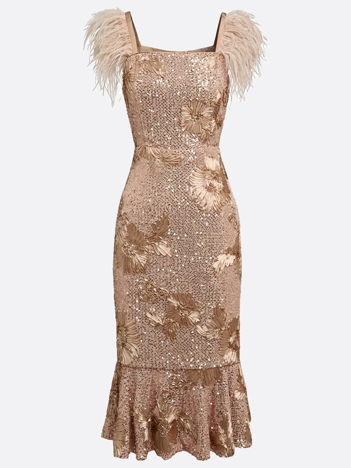 Champagne Feather 3D Floral Sequin Square Neck Sleeveless Mermaid Midi Dress