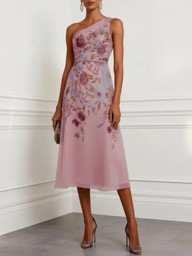 Cyan Floral Ruched Tulle One Shoulder Sleeveless A-Line Midi Dress