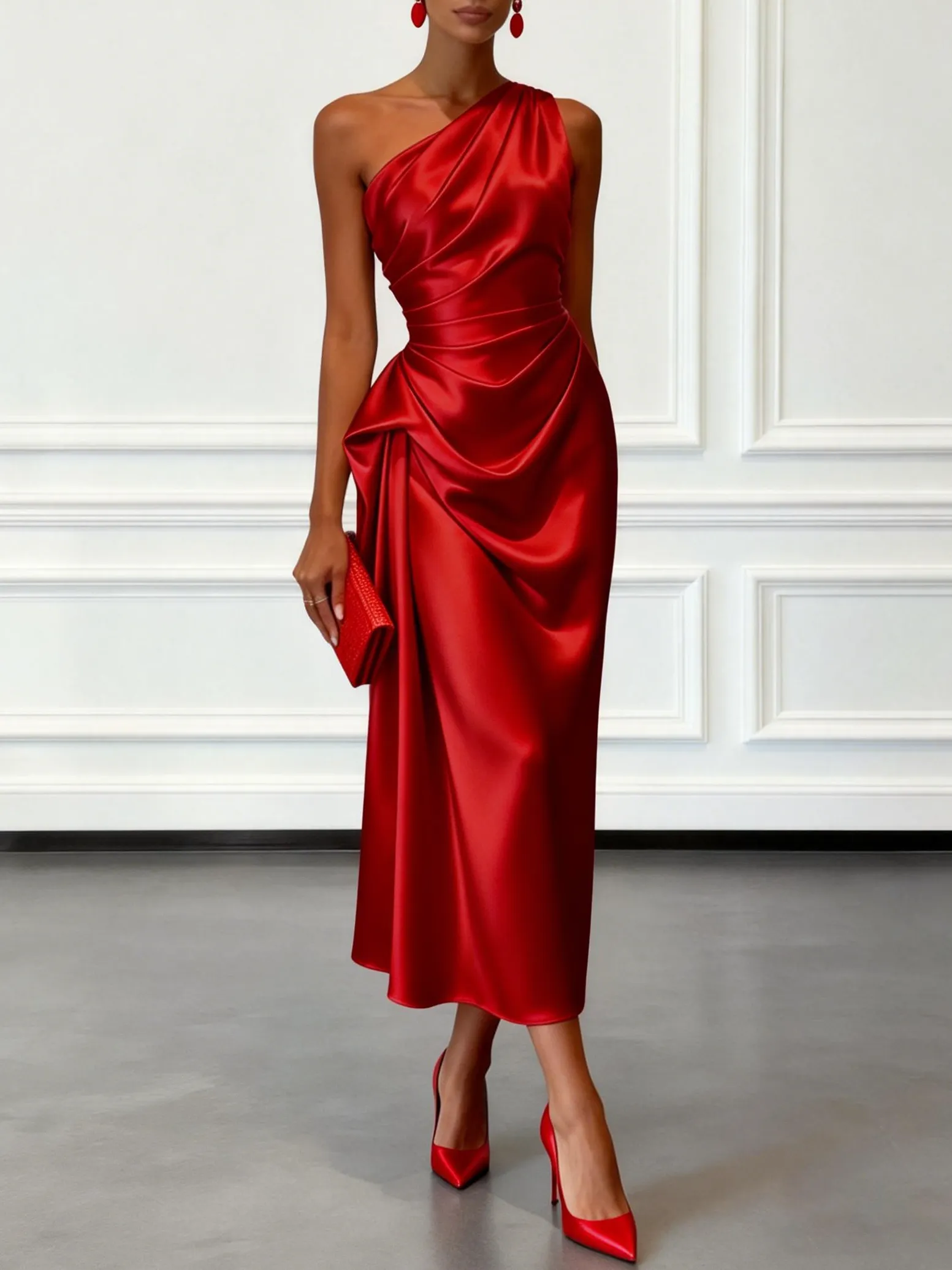 Red Ruched Satin One Shoulder Sleeveless Sheath Midi Dress - Red
