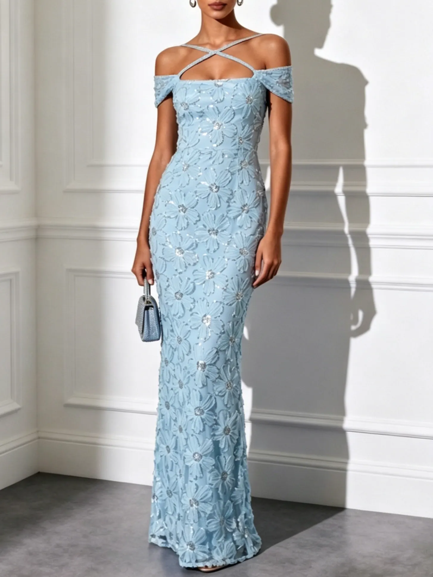 Light Blue Jacquard Sequin Glitter Classic Off The Shoulder Short Sleeve Mermaid Floor-length Gown Dress - Light Blue