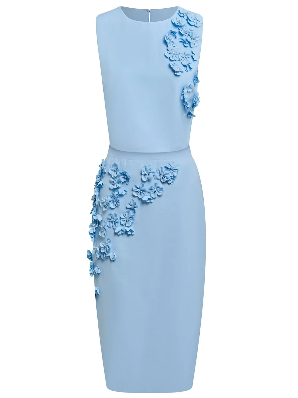 Women Blue 3D Floral Crew Neck Sleeveless Elegant Top With Skirt Two-Piece Set