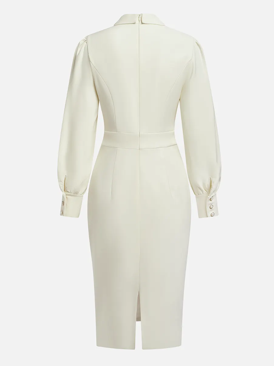 Off White Bow Classic Crew Neck Long Sleeve Sheath Midi Dress