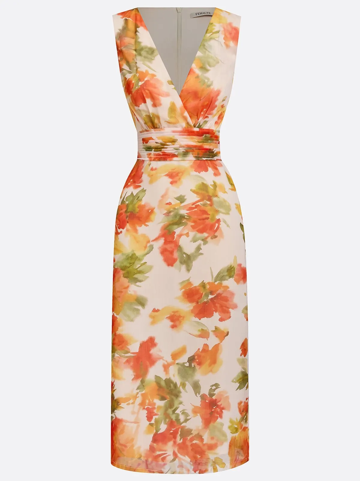 Orange Floral Chiffon V Neck Sleeveless Sheath Midi Dress