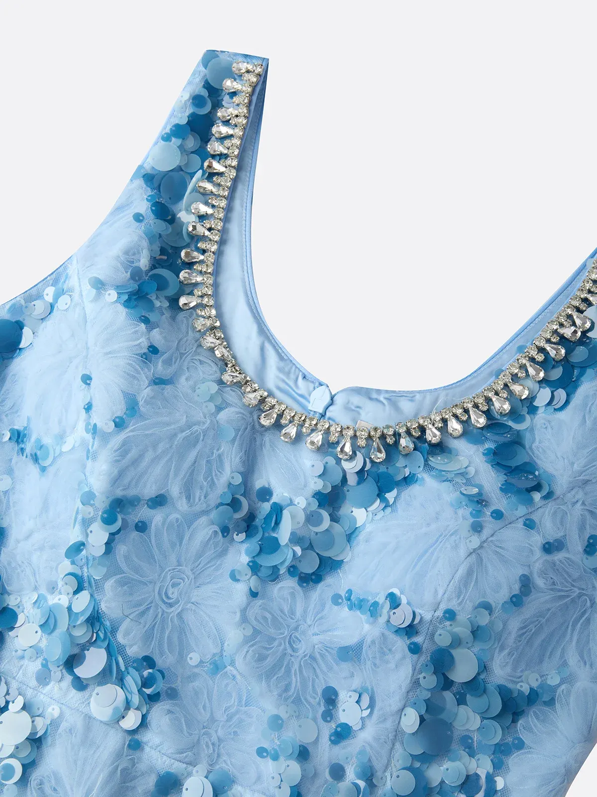 Light Blue Rhinestone 3D Floral Sequin U-Neck Sleeveless Sheath Midi Dress