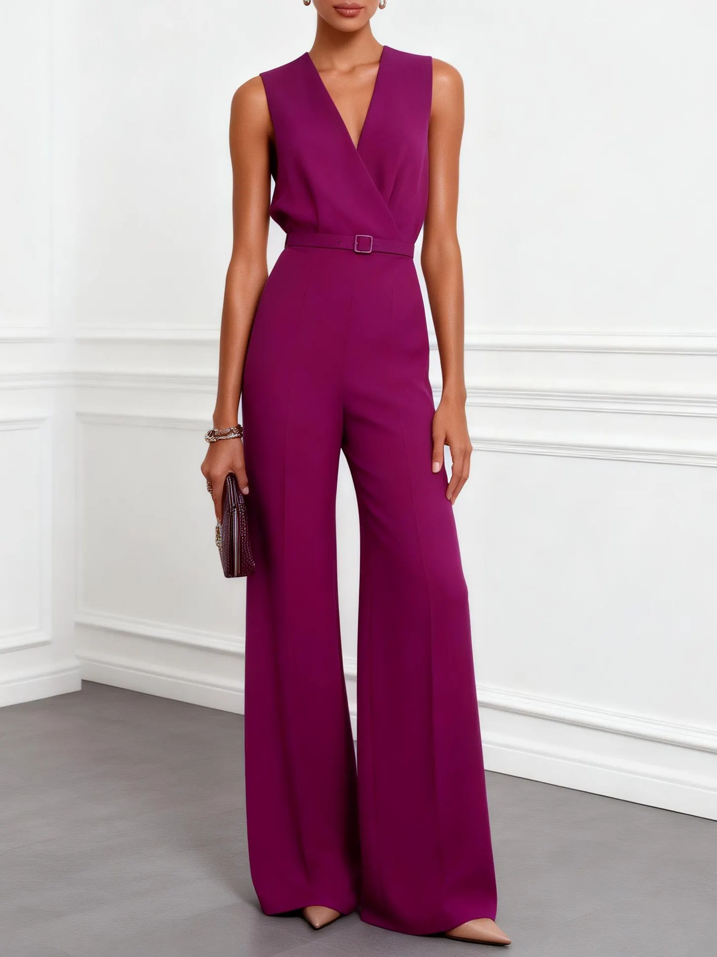 Women Purple V Neck Sleeveless Dressy Jumpsuit