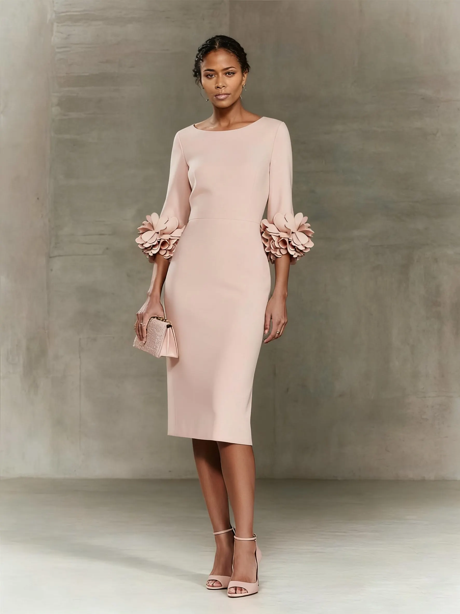 Light Pink 3D Floral Classic Crew Neck Half Sleeve Sheath Midi Dress