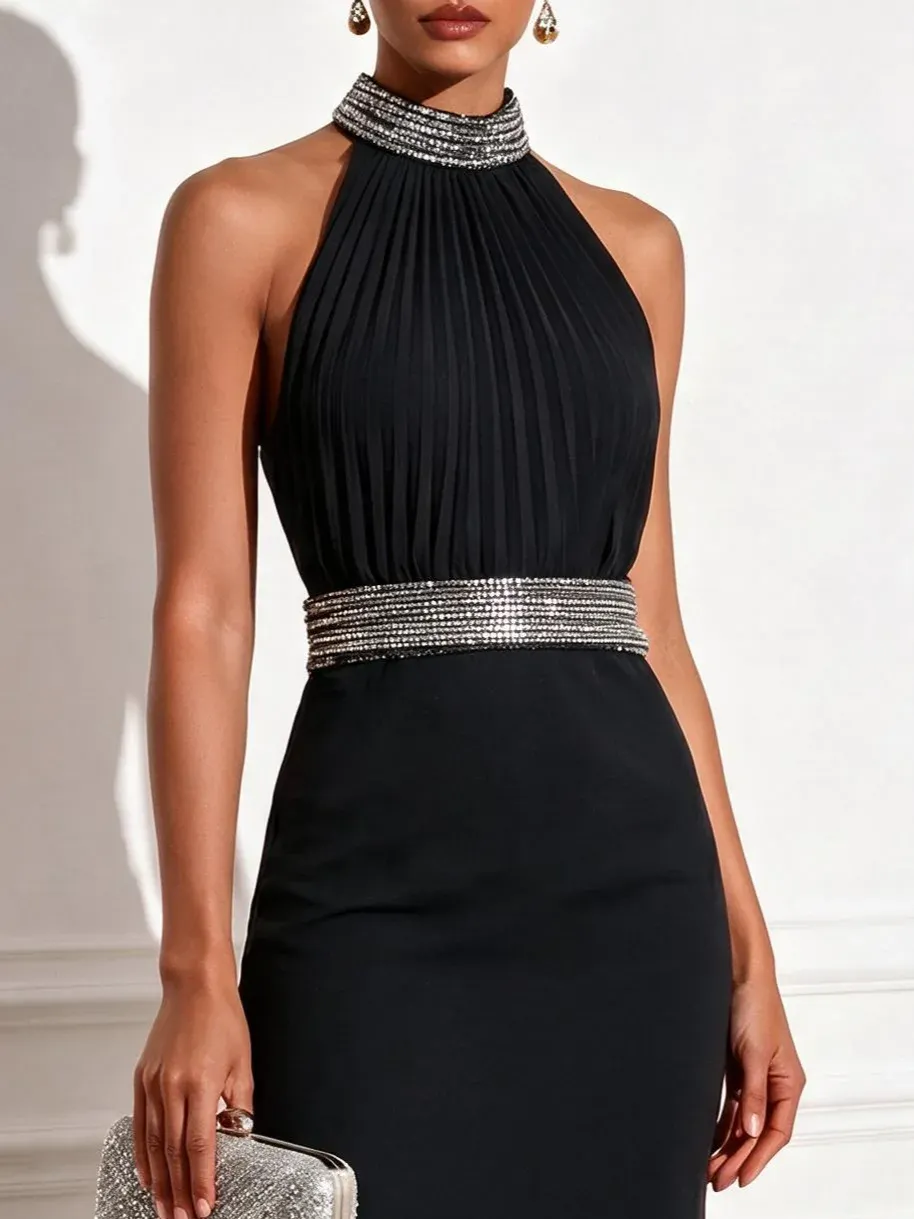 Black Rhinestone Classic Halter Neck Sleeveless Mermaid Midi Dress - Black