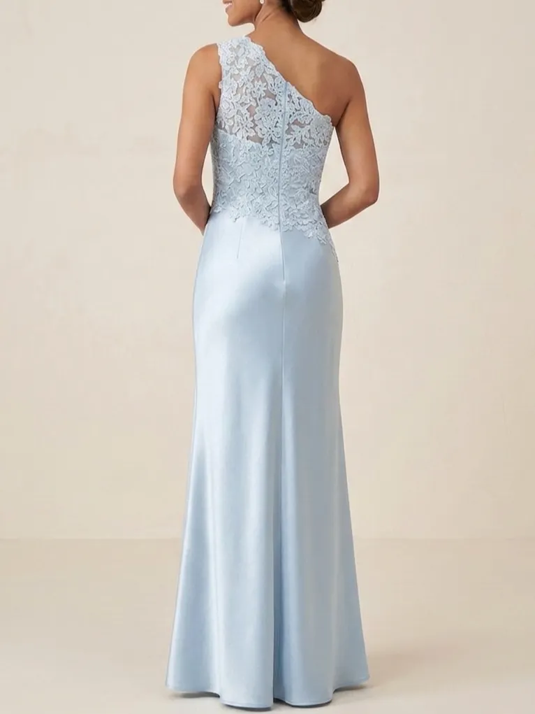 One Shoulder Satin Mother of the Bride Dress with Lace Appliques Formal Floor Length Party Dress - Light Blue
