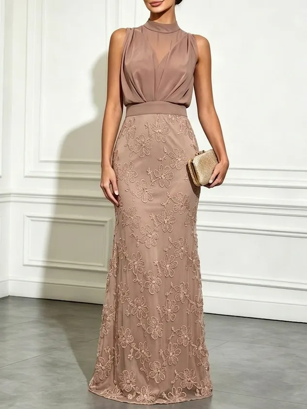 Light Pink Brown Jacquard Ruched Classic Mock Neck Sleeveless Mermaid Gown Dress
