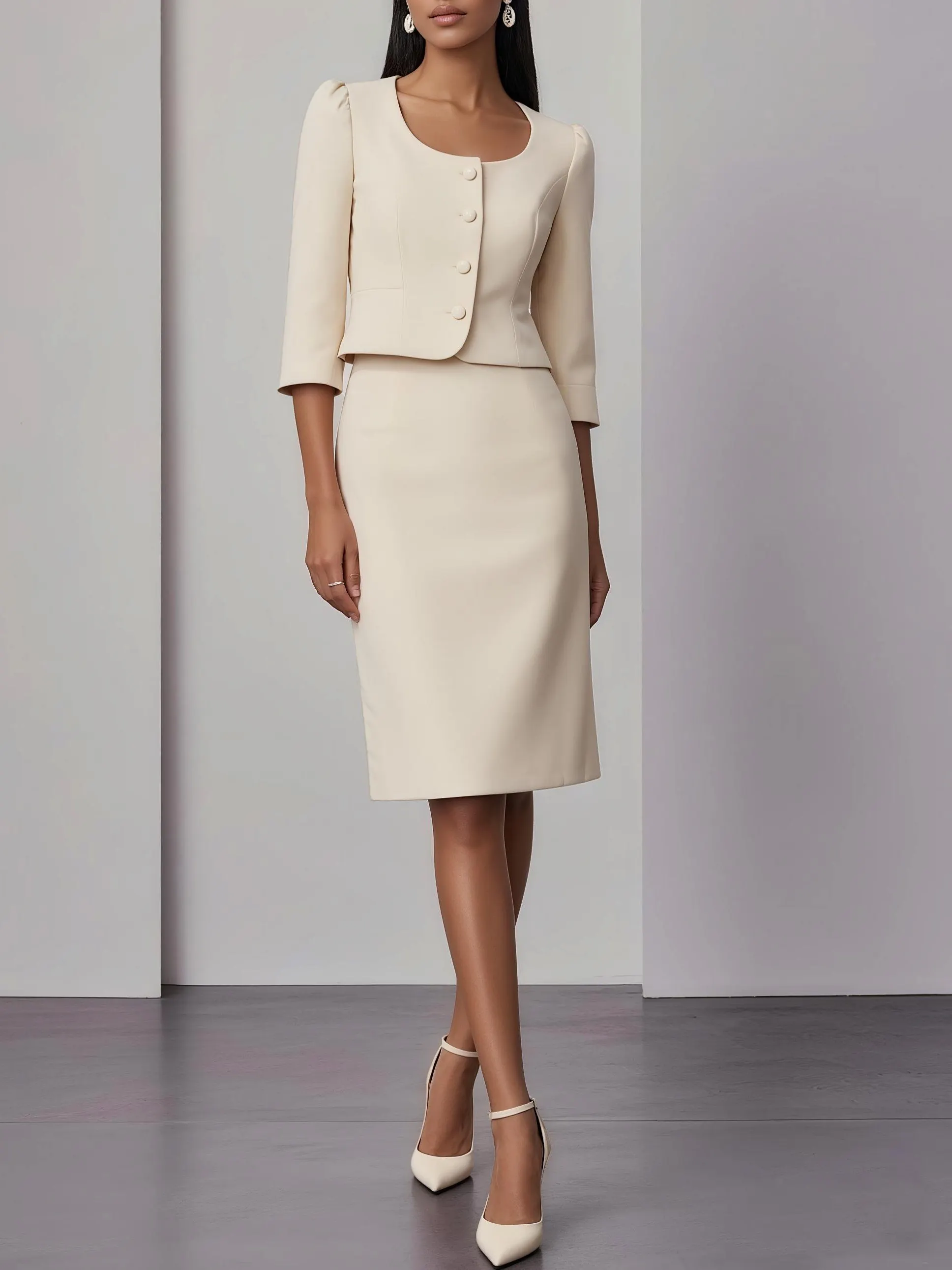 Women Beige Buckle U-Neck Half Sleeve Dressy Coat With Skirt Two-Piece Set