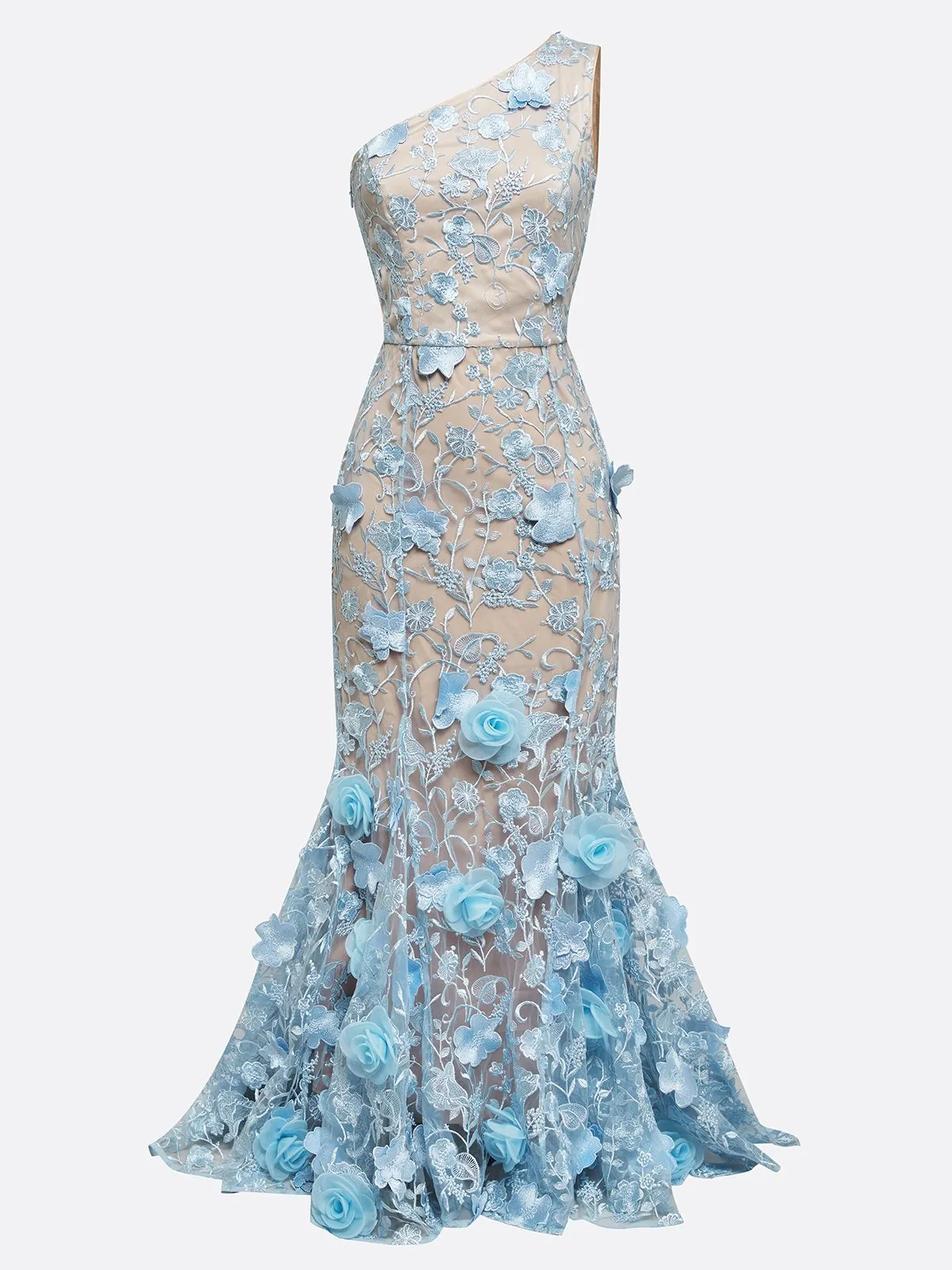 Light Blue 3D Floral Classic One Shoulder Sleeveless Mermaid Gown Dress