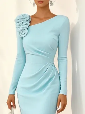 Light Blue 3D Floral Ruched Knit Asymmetrical Long Sleeve Sheath Midi Dress