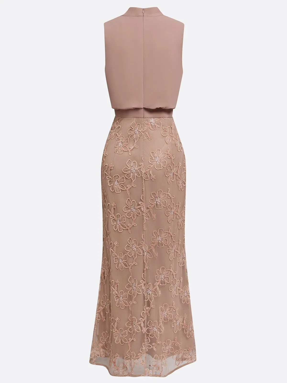 Light Pink Brown Jacquard Ruched Classic Mock Neck Sleeveless Mermaid Gown Dress