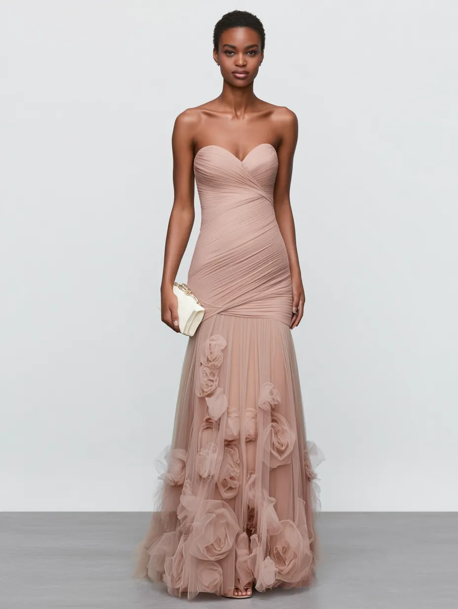 Pink 3D Floral Ruched Tulle Strapless Sleeveless Mermaid Gown Dress