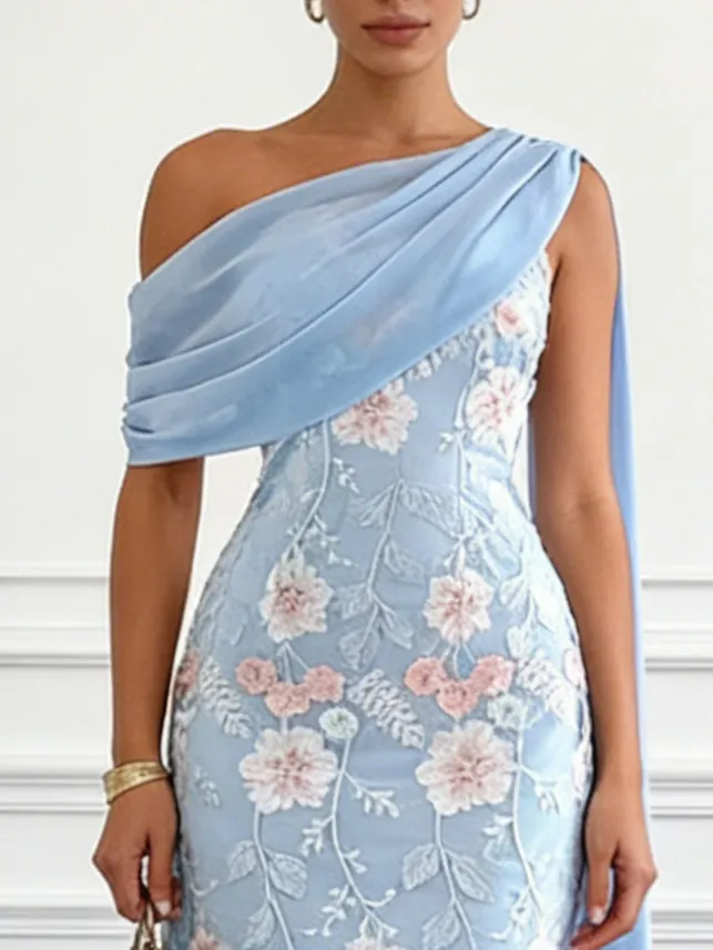 Light Blue Embroidery Lace Strapless Sleeveless Sheath Midi Dress - Light Blue