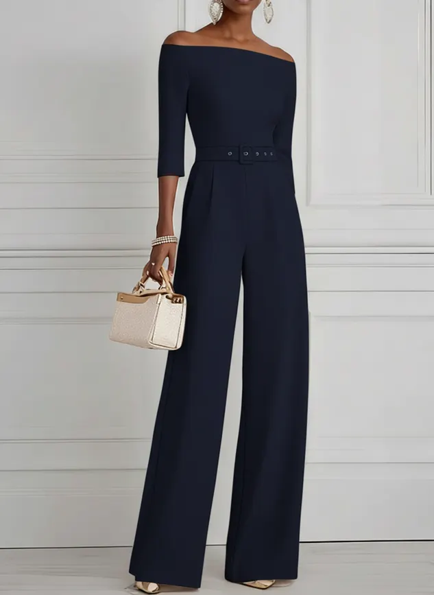 Women White Off The Shoulder Half Sleeve Dressy Jumpsuit With Pockets