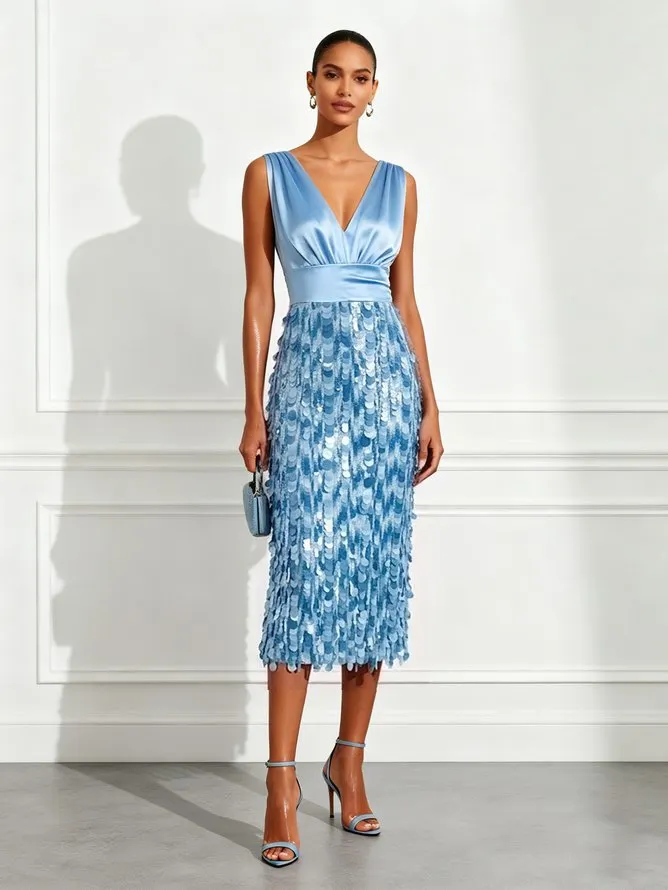 Light Blue Sequin V Neck Sleeveless Sheath Midi Dress