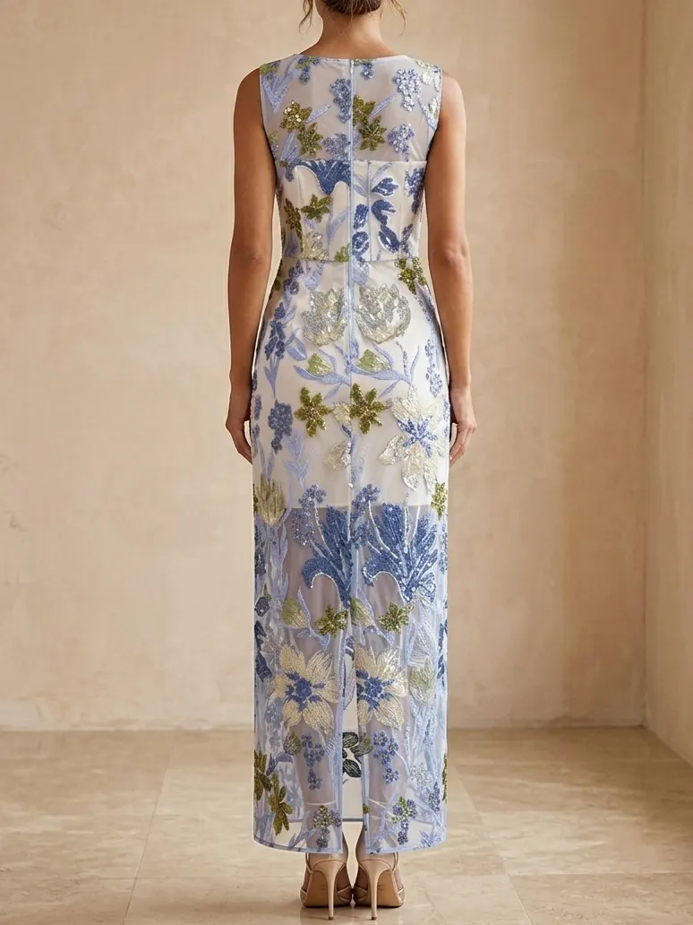 Embroidered Floral Sequin Mother of the Bride Maxi Dress - Blue
