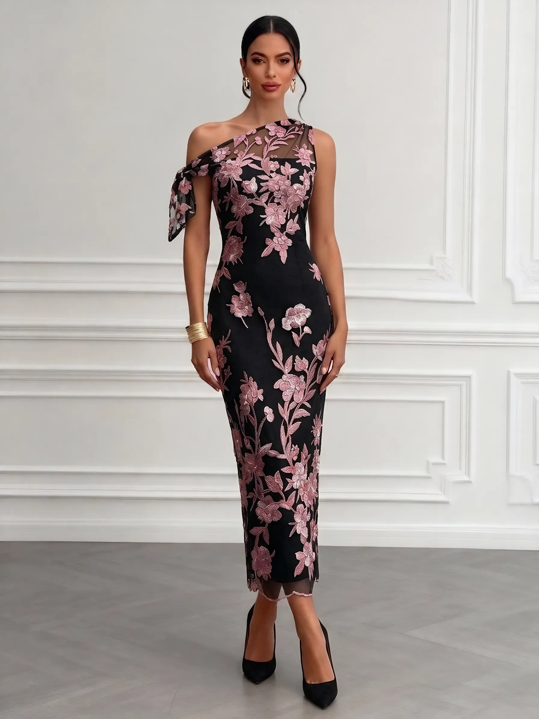 Black Embroidery Bow Lace One Shoulder Sleeveless Sheath Maxi Dress