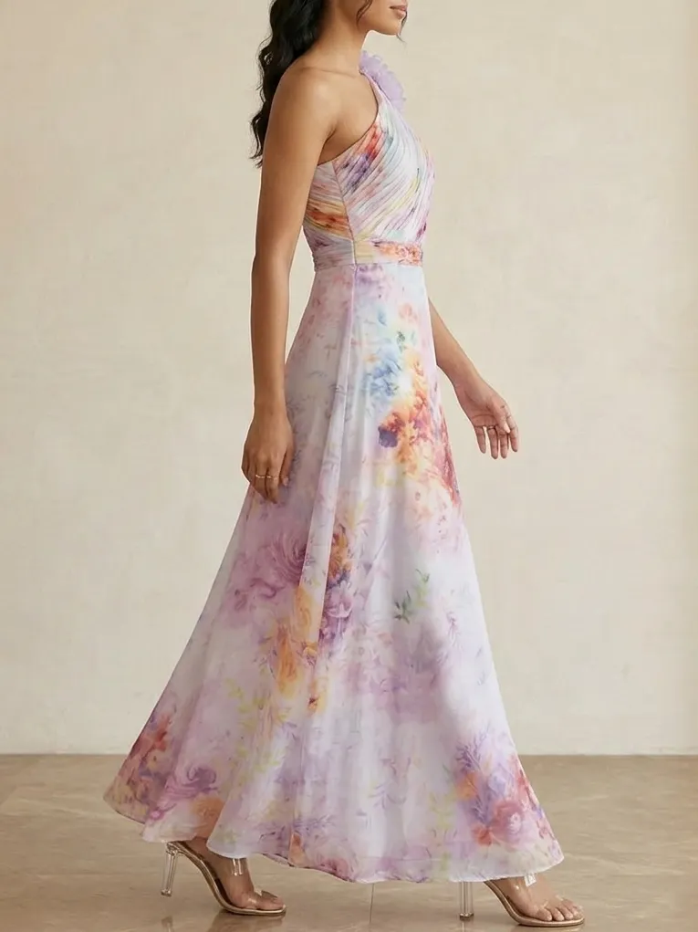 Light Purple 3D Floral Floral Chiffon One Shoulder Sleeveless A-Line Floor-length Gown Dress