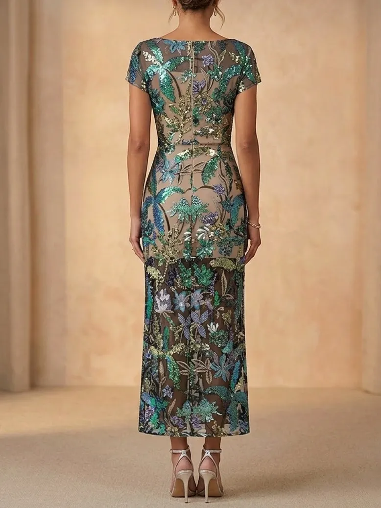 Embellished Sequin Mother of the Bride Dress - Ankle Length Short Sleeve Floral Evening Gown - Green